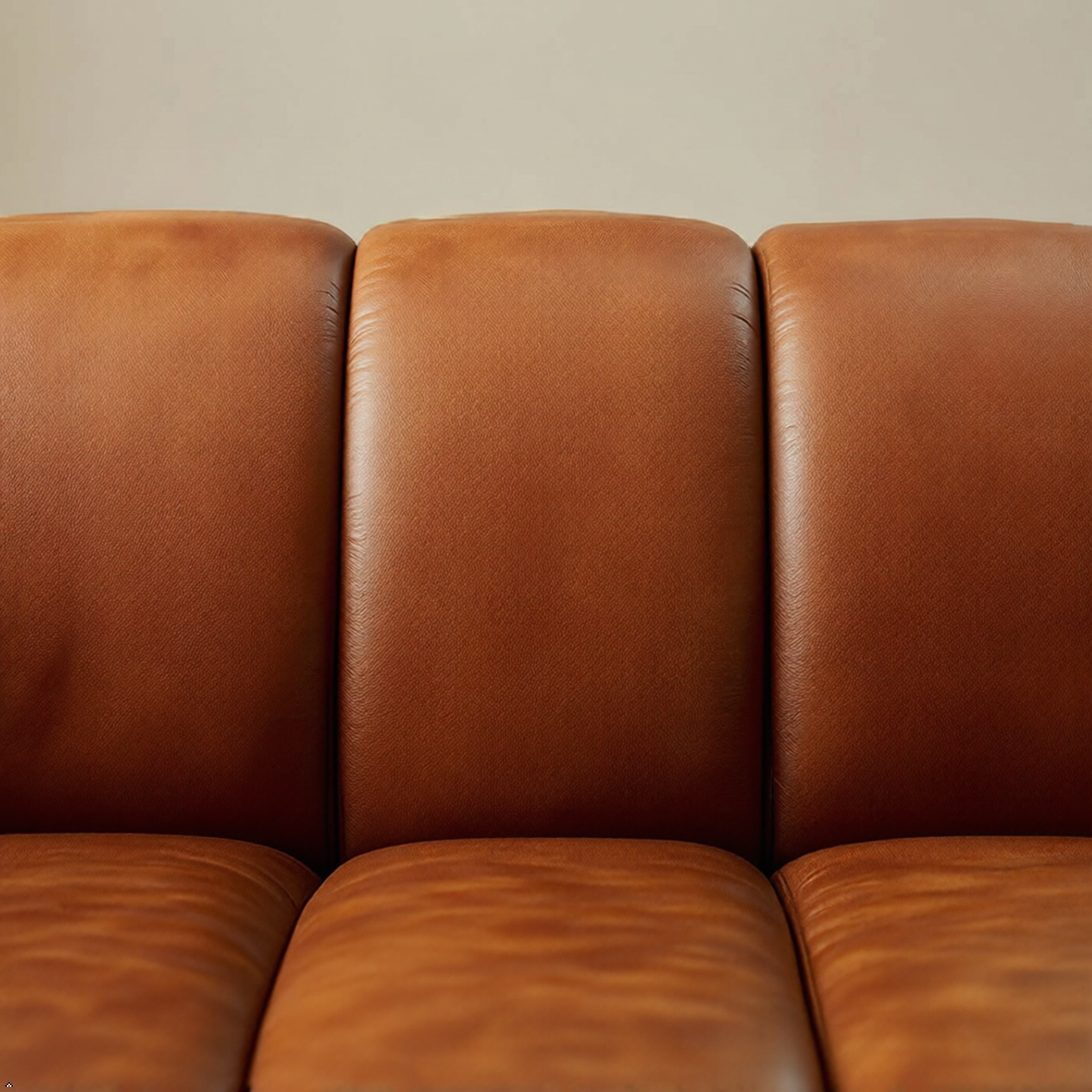 Brown leather sofa against a beige wall