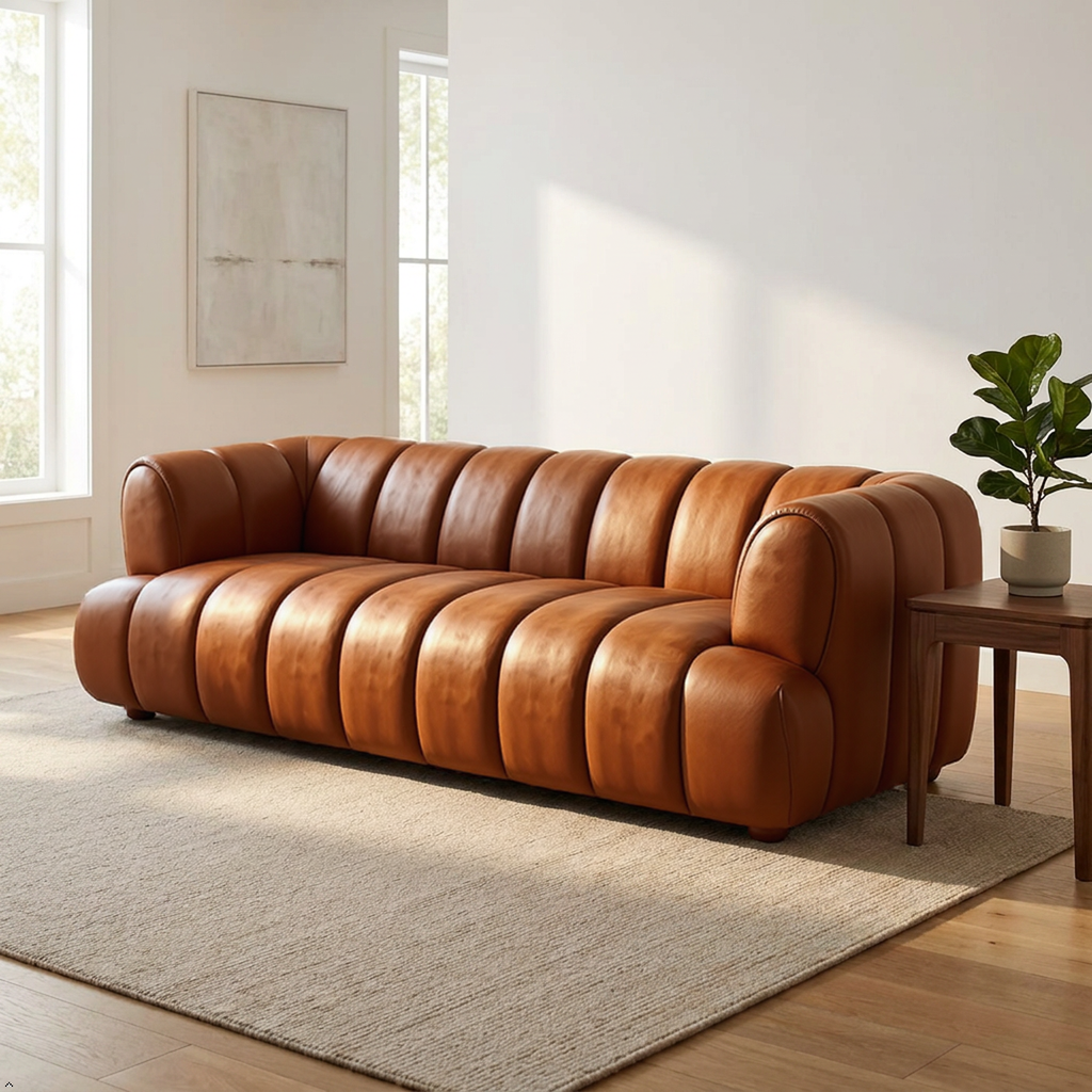 Cognac leather sofa tufted in a modern living room