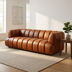 Cognac leather sofa tufted in a modern living room