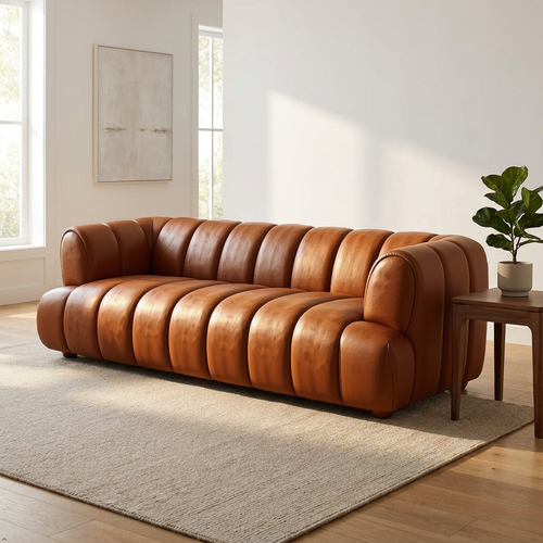 Cognac leather sofa tufted in a modern living room