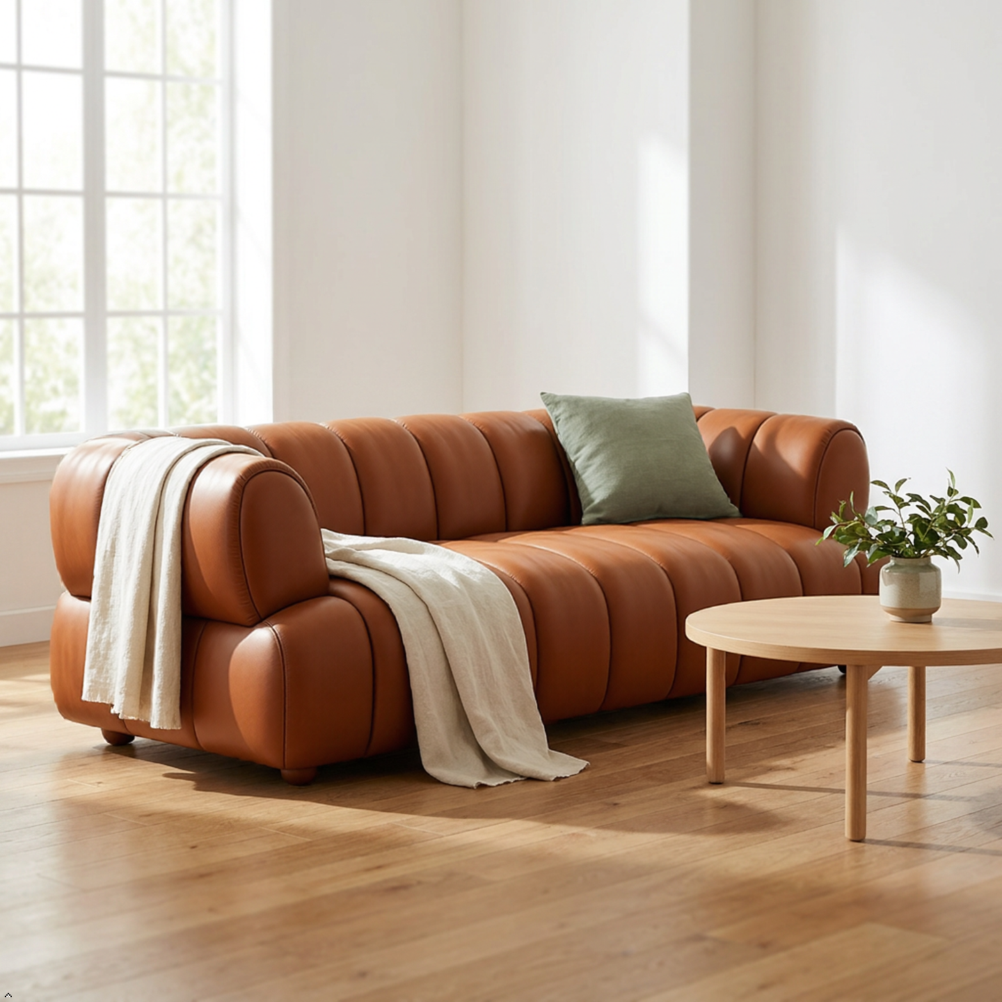 Tufted top grain leather genuine sofa low profile wood legs mid century modern