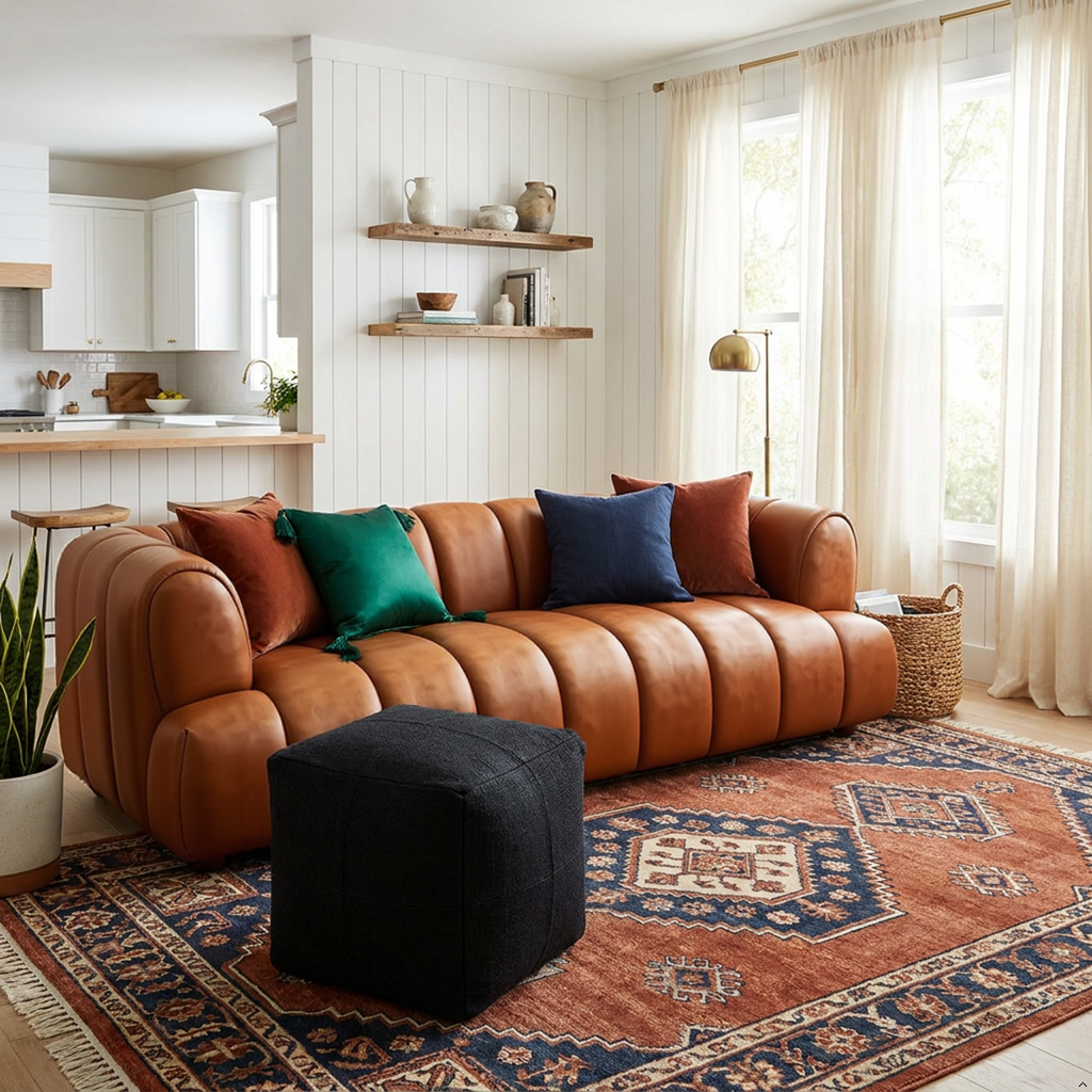 Brown leather sofa with colorful pillows in a living room setting.