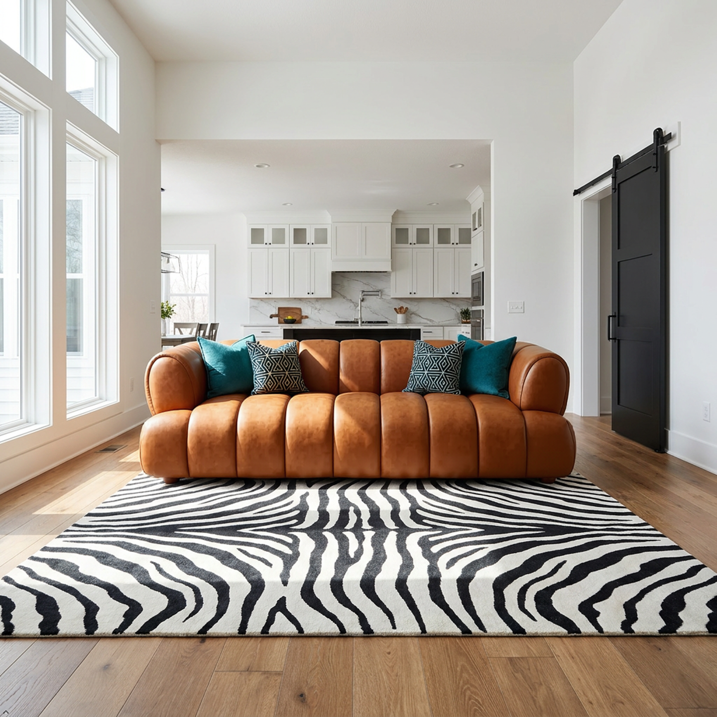 Brown leather sofa with colorful pillows on a zebra print rug in a modern living room.