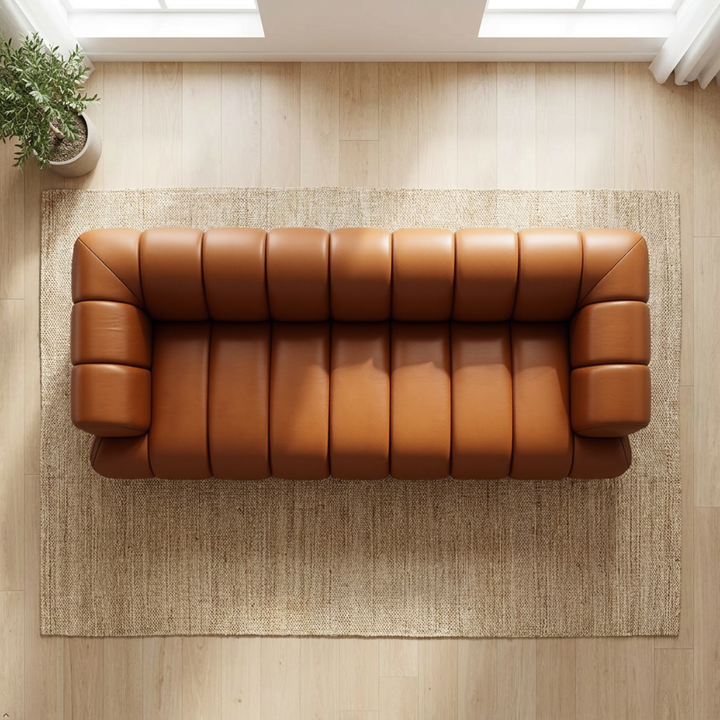 Brown leather sofa on a textured rug with a plant in the corner.