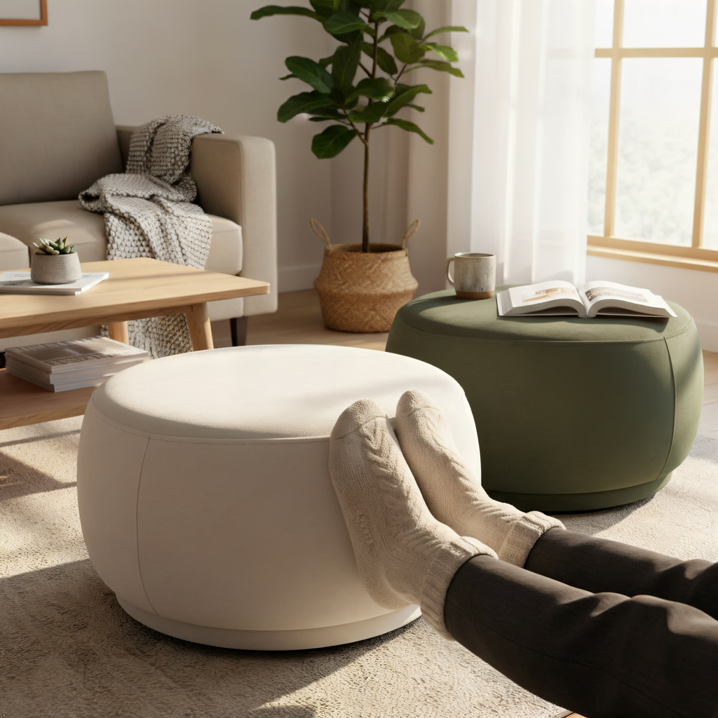 Person sitting on a white ottoman in a cozy living room with a green ottoman and a plant.
