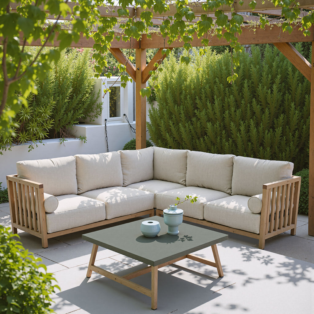 Outdoor patio with wooden sectional sofa and coffee table under a pergola