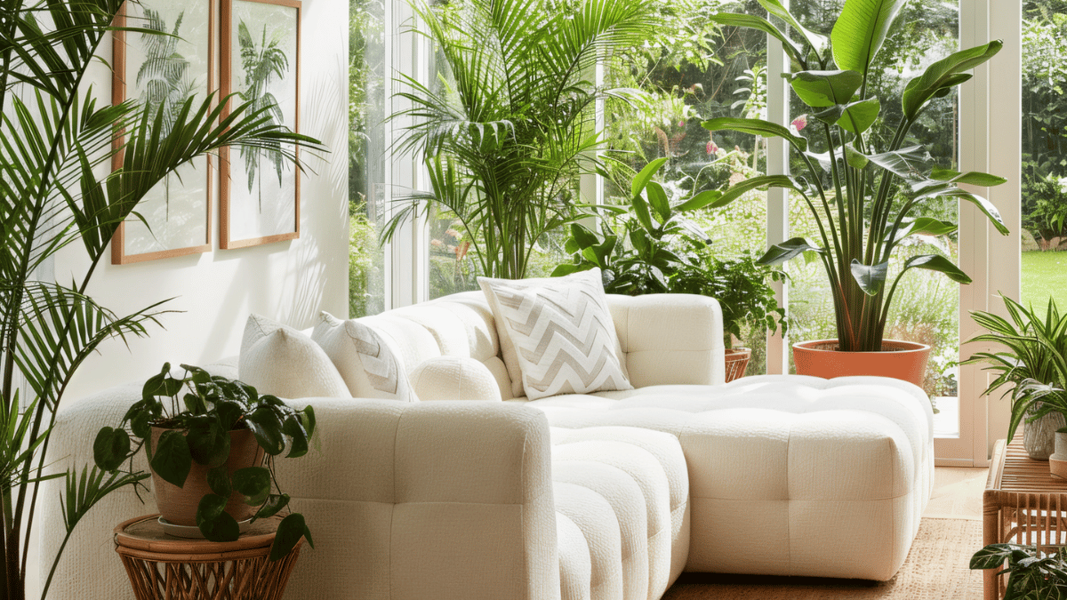 White sofa in a room with large windows and various potted plants