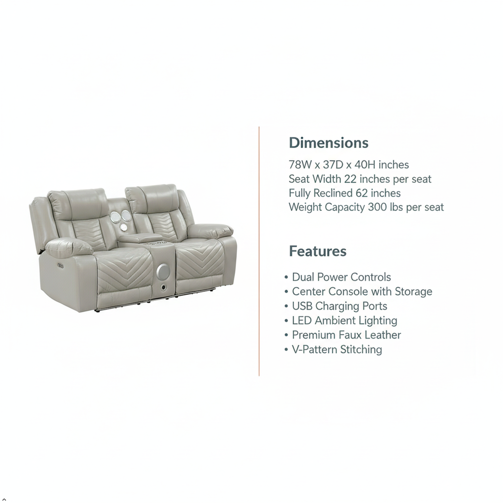 Gray recliner sofa with dimensions and features listed on a white background