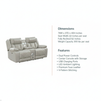 Gray recliner sofa with dimensions and features listed on a white background