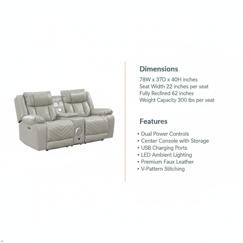 Gray recliner sofa with dimensions and features listed on a white background