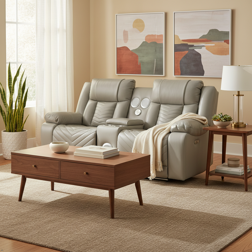 Living room with gray recliner sofa, wooden coffee table, and abstract wall art.