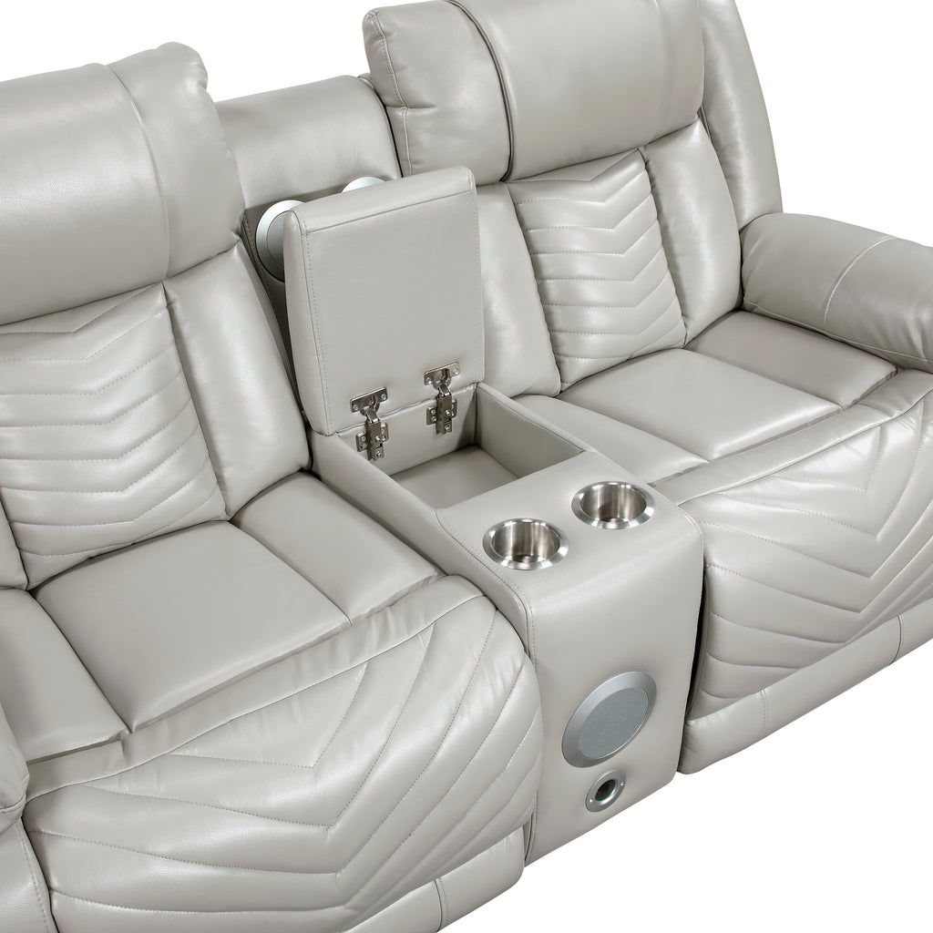 Gray recliner with cup holders and armrest storage on a white background