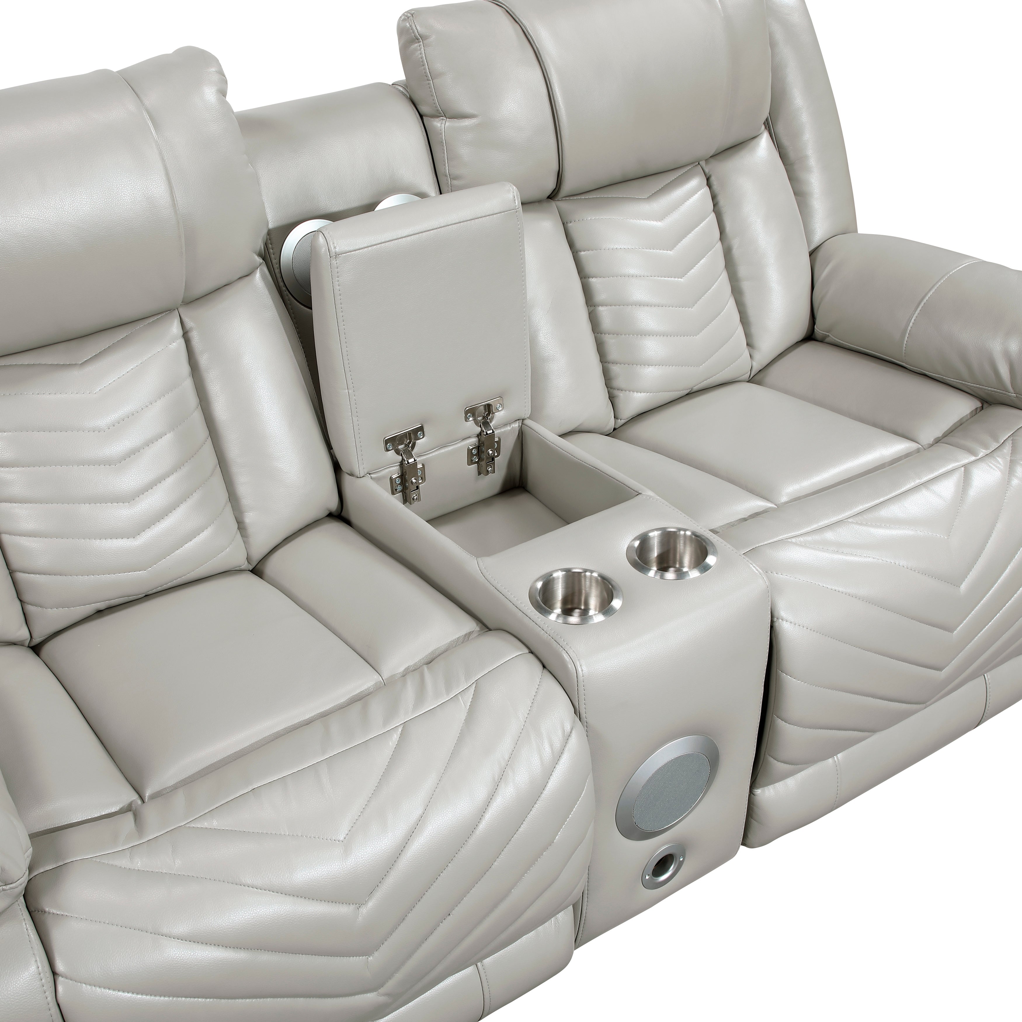 Gray recliner with cup holders and armrest storage on a white background