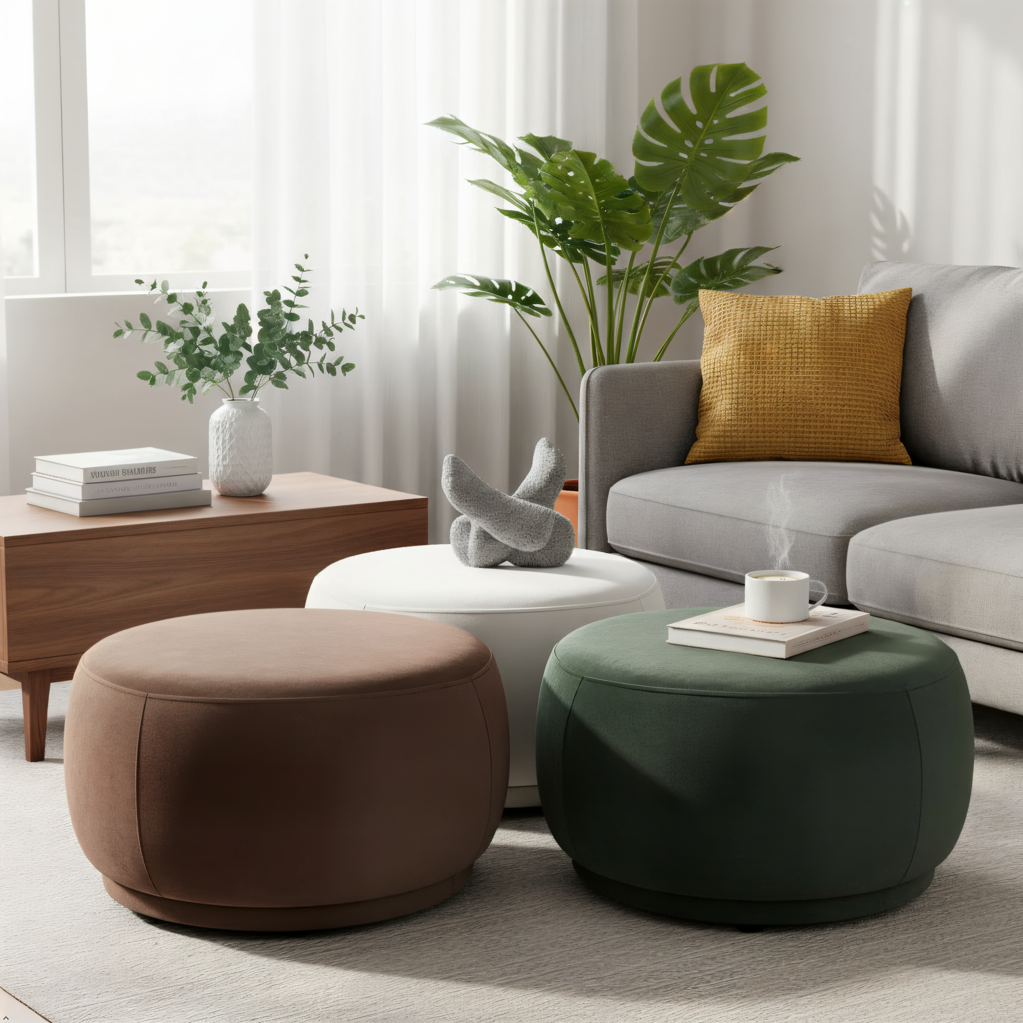 Modern living room with gray sofa, green and brown ottomans, and a small table.