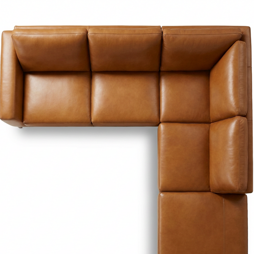 top grain leather brown seating sectional mid century modern style white background