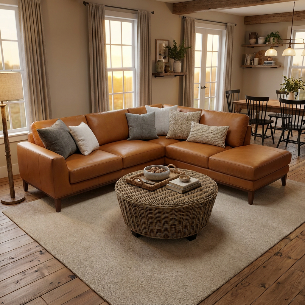 Top grain leather sectional 99 inches in a farmhouse living room modern