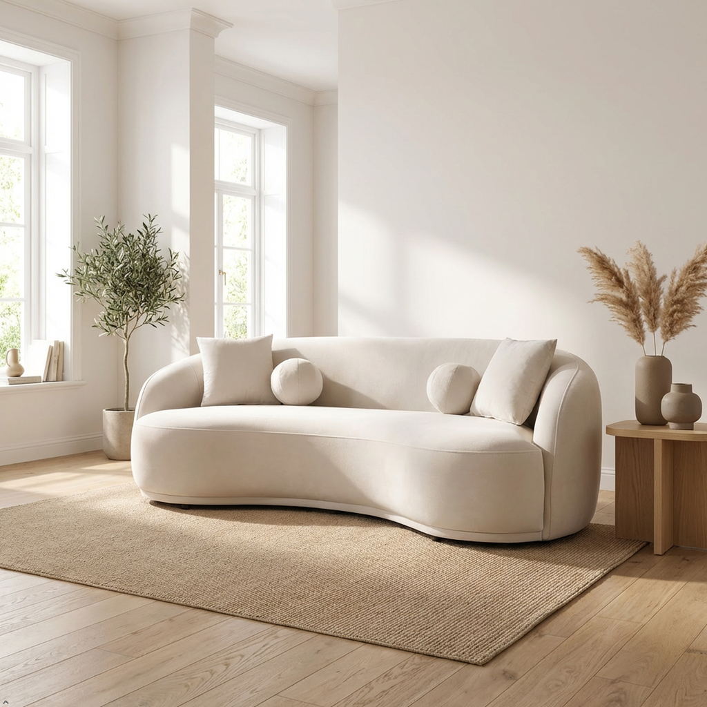 Beige sofa in a bright living room with large windows and decorative plants.