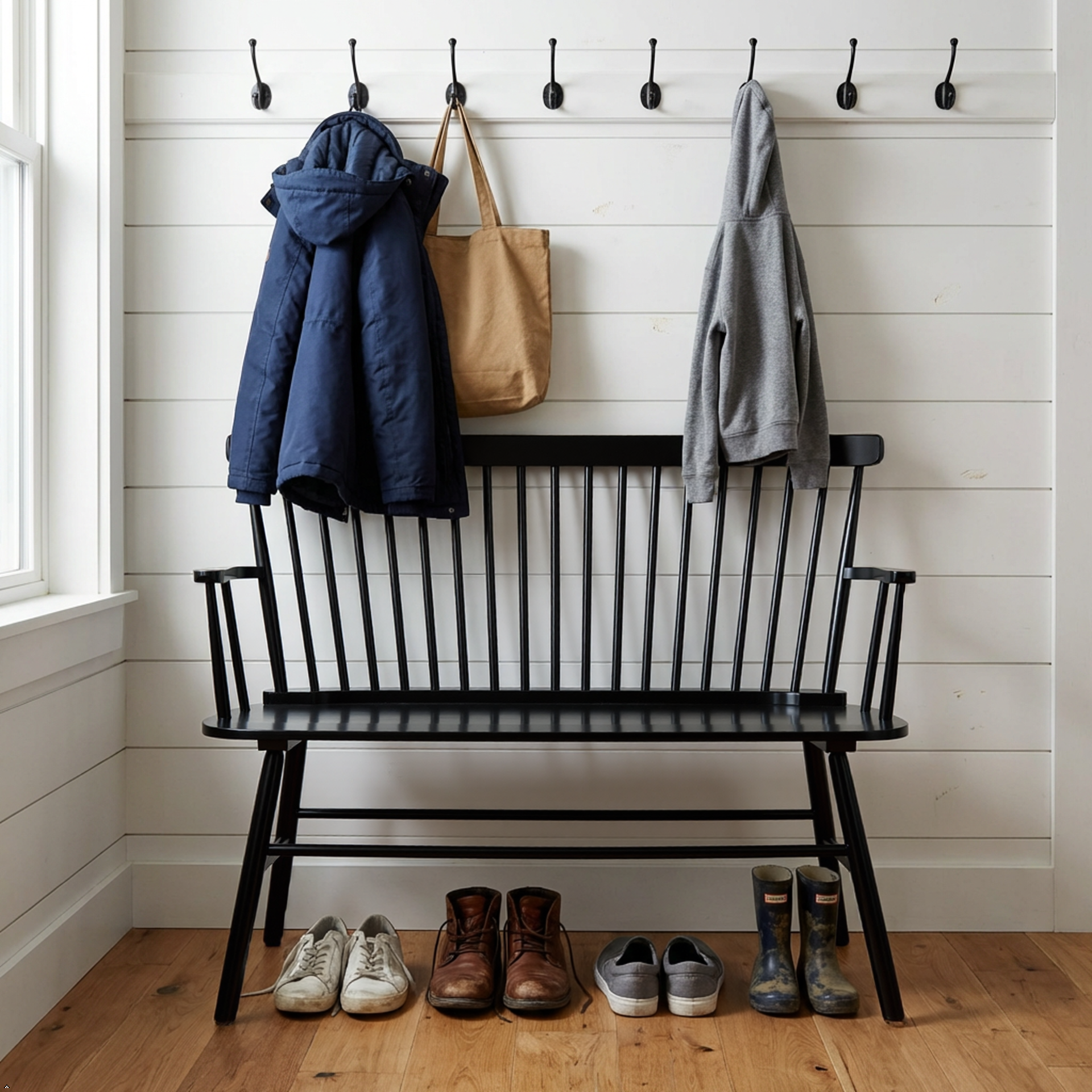Black bench with coats, a bag, and shoes underneath against a white wall.