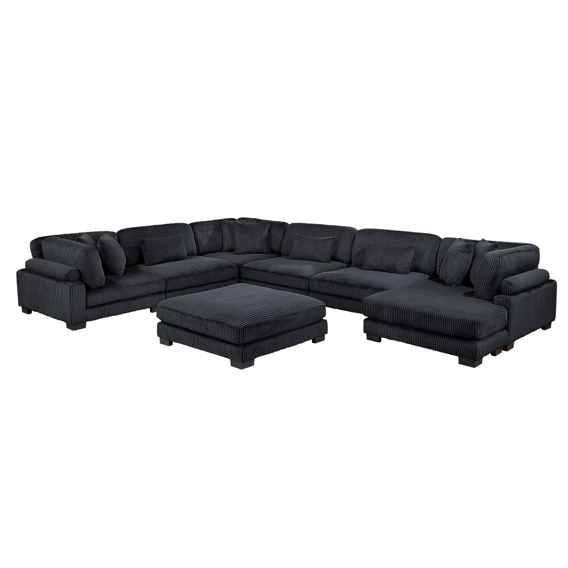 Black sectional sofa with ottoman on a white background