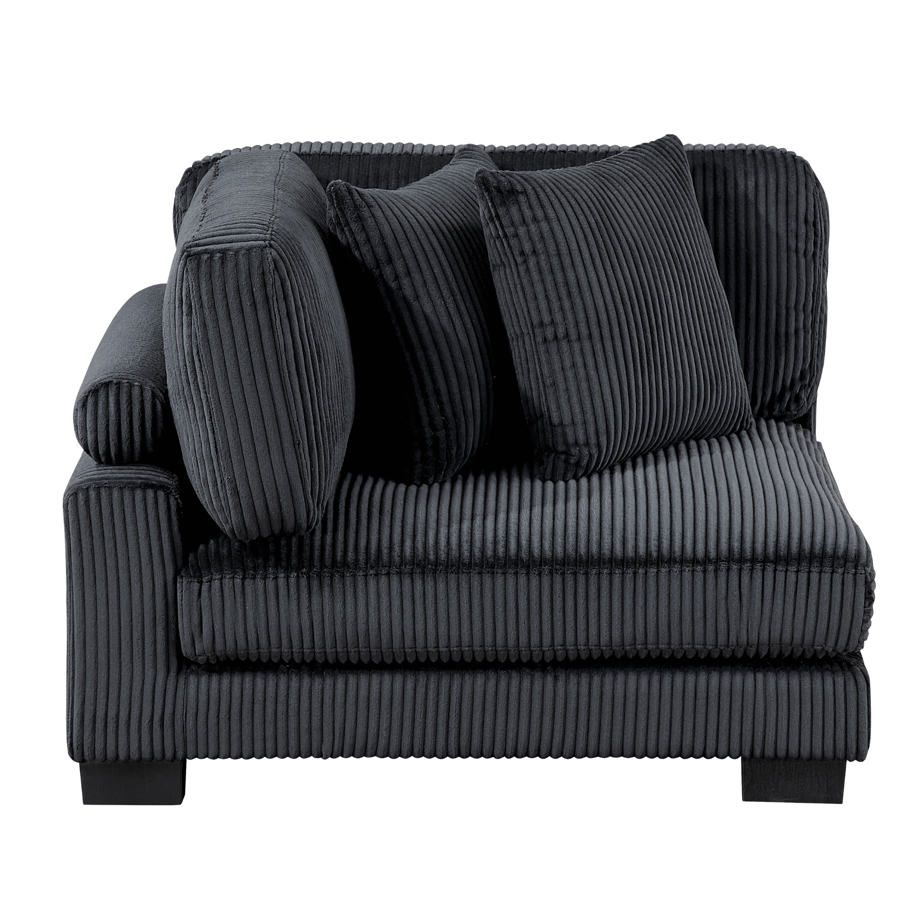 Black upholstered chair with three cushions on a white background