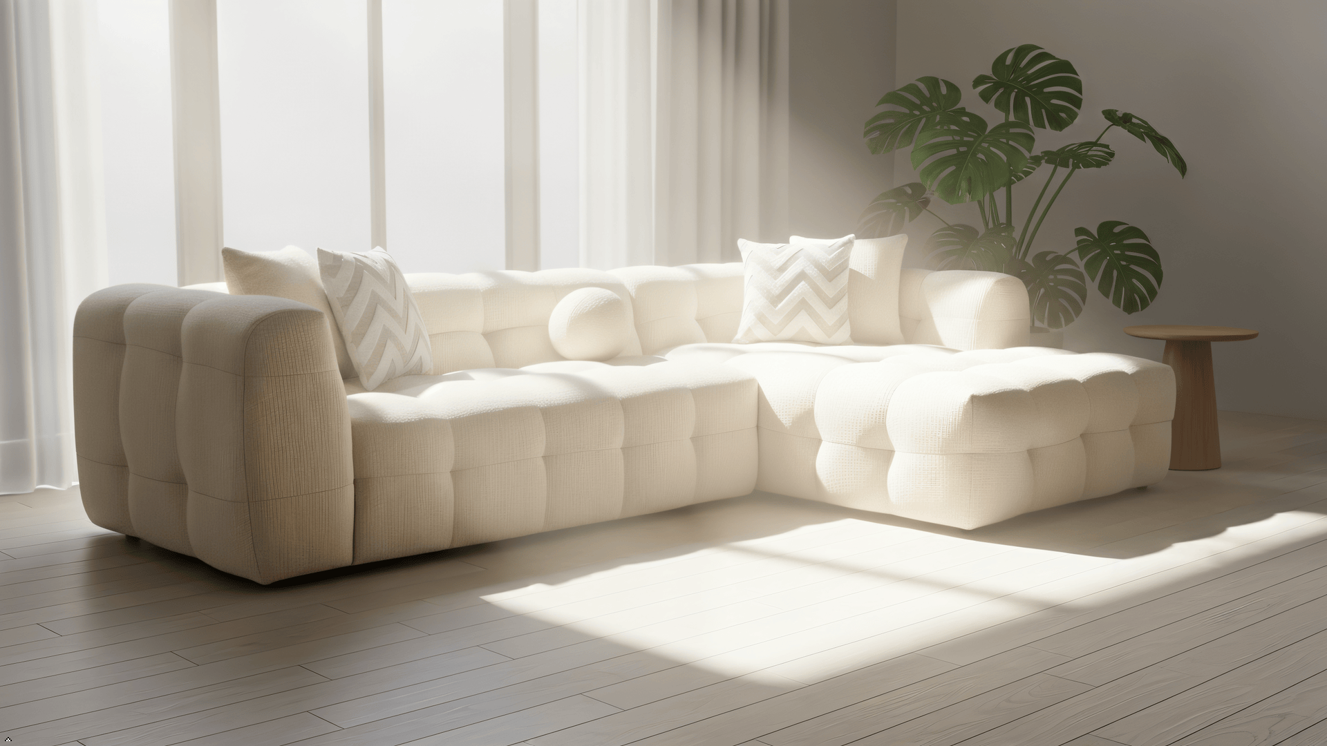 White sectional sofa in a bright room with large windows and a plant.