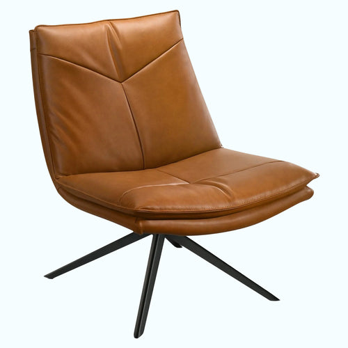 Brown leather chair with black metal legs on a white background