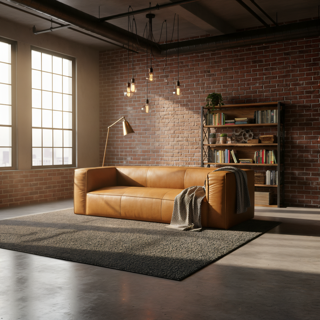 Brown leather sofa in a room with brick walls and large windows.