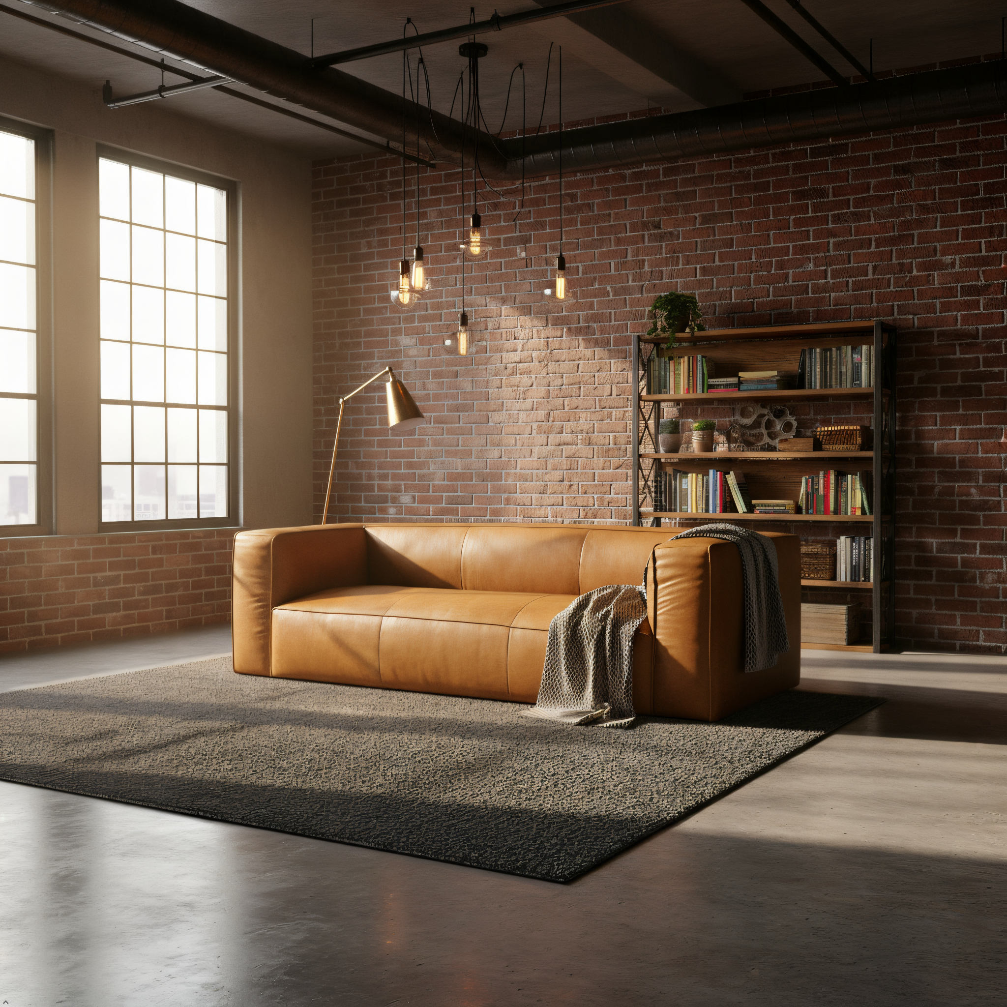 Brown leather sofa in a room with brick walls and large windows.