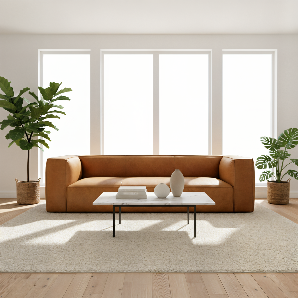 Modern living room with a brown sofa, coffee table, and plants.
