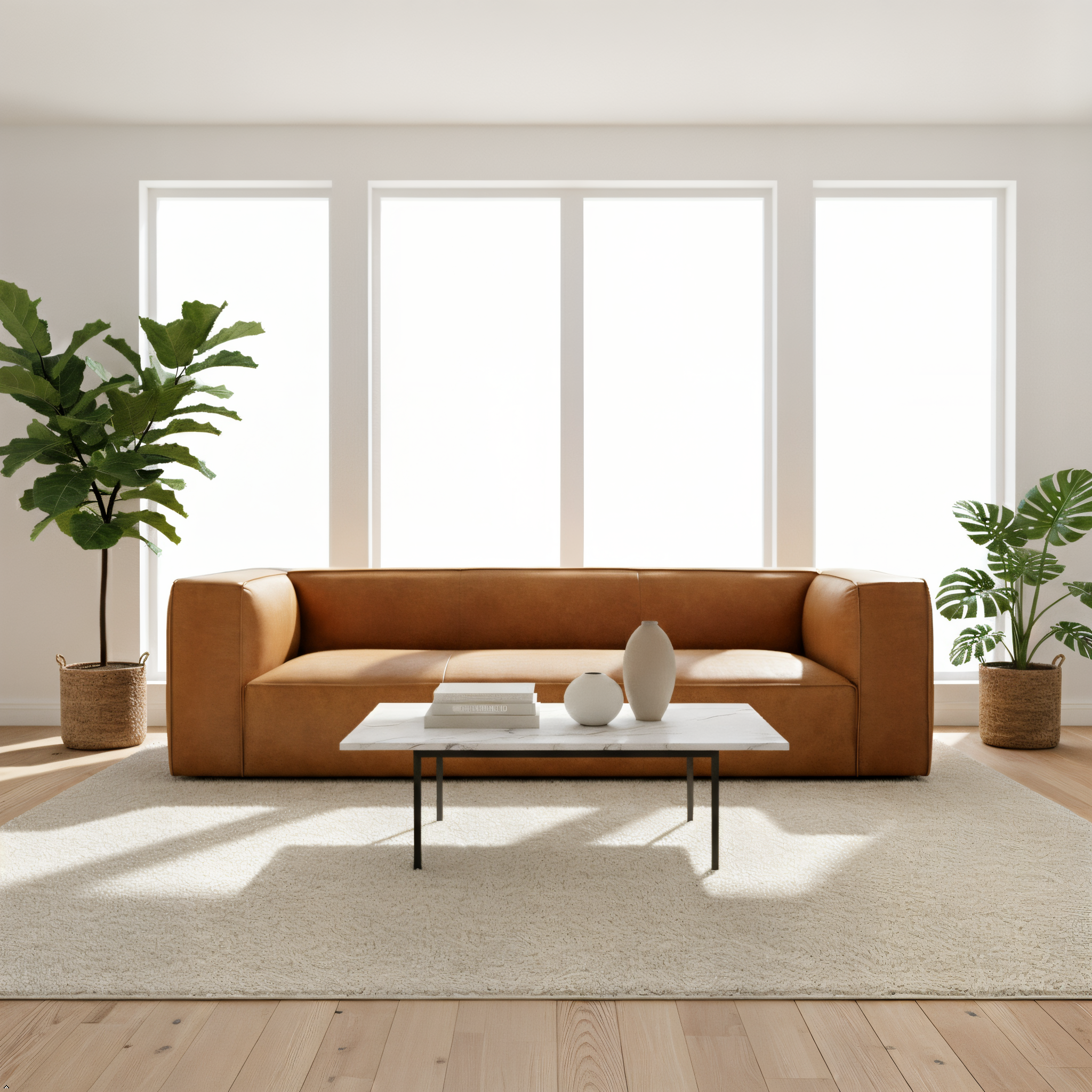 Modern living room with a brown sofa, coffee table, and plants.