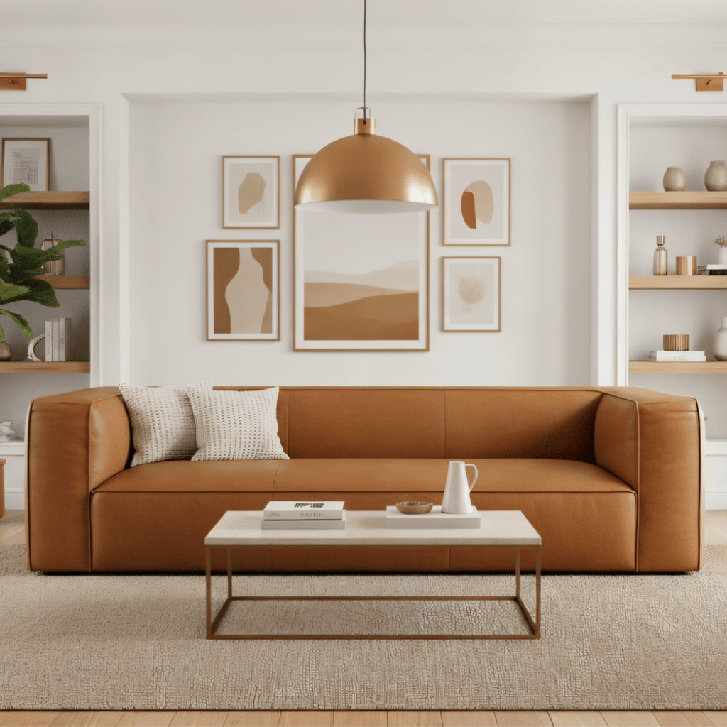 Modern living room with a brown leather sofa, coffee table, and wall art.