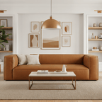 Modern living room with a brown leather sofa, coffee table, and wall art.