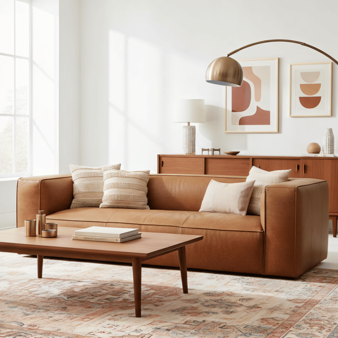 Modern living room with a brown leather sofa, wooden coffee table, and abstract art on the wall.