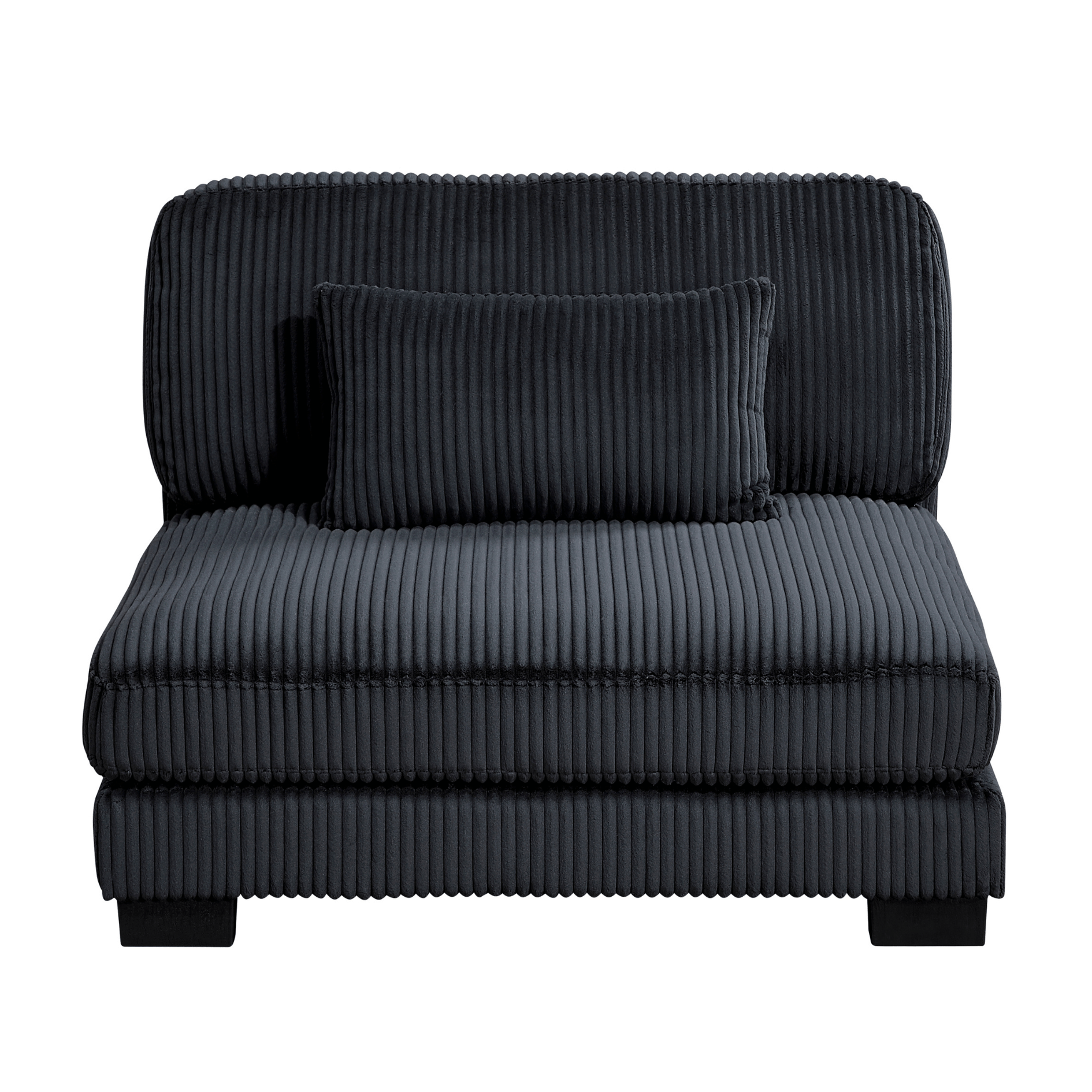 Black ribbed armchair with a pillow on a white background