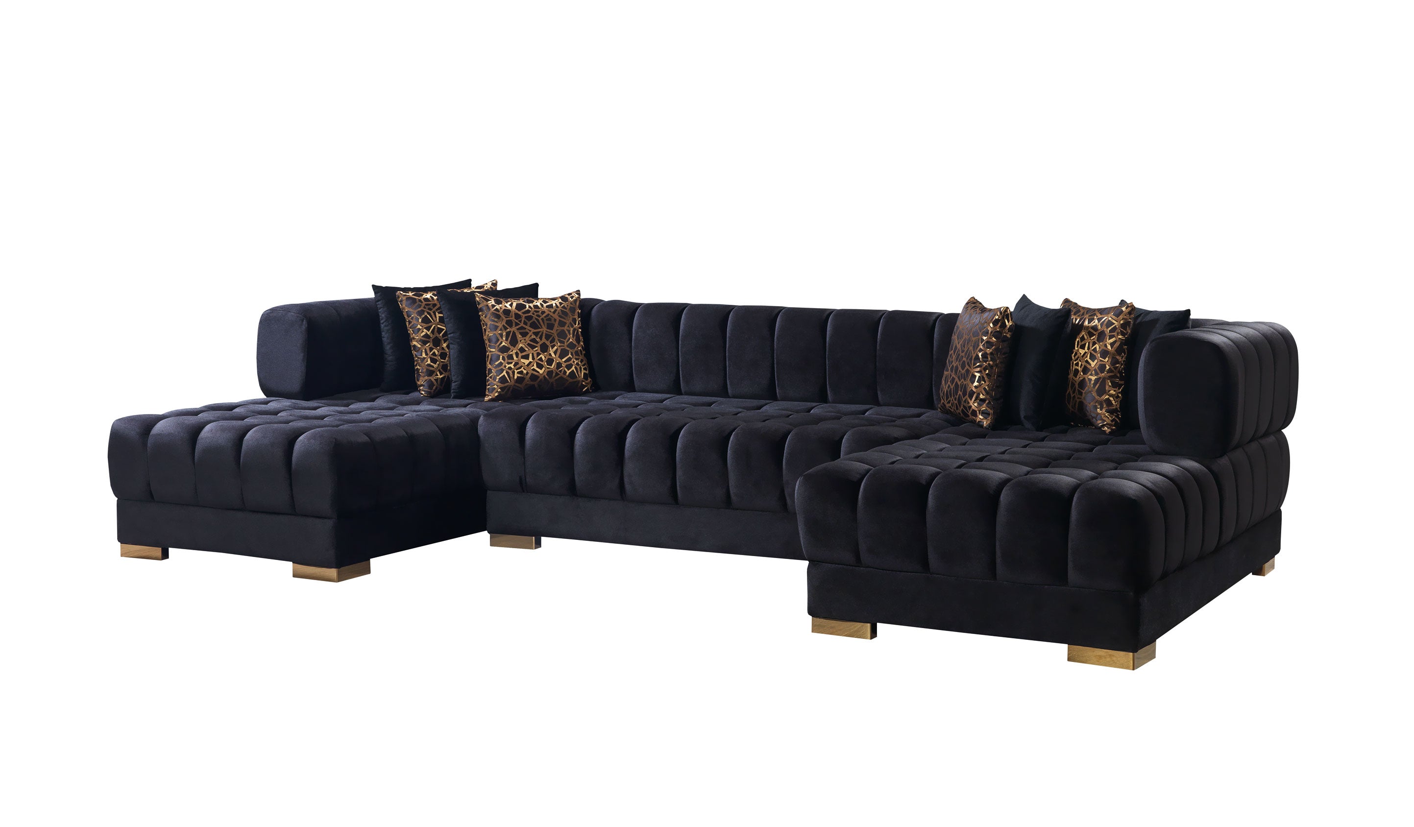Black sectional sofa with patterned cushions on a white background