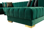 Green velvet sofa with gold legs on a white background