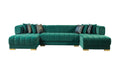 Green sectional sofa with patterned cushions on a white background