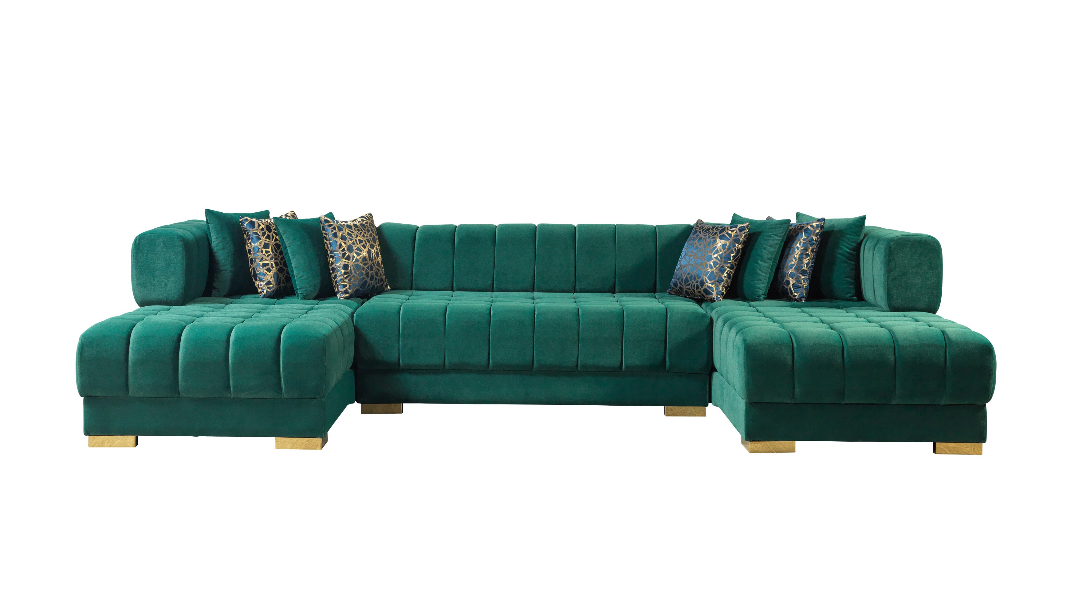 Green sectional sofa with patterned cushions on a white background
