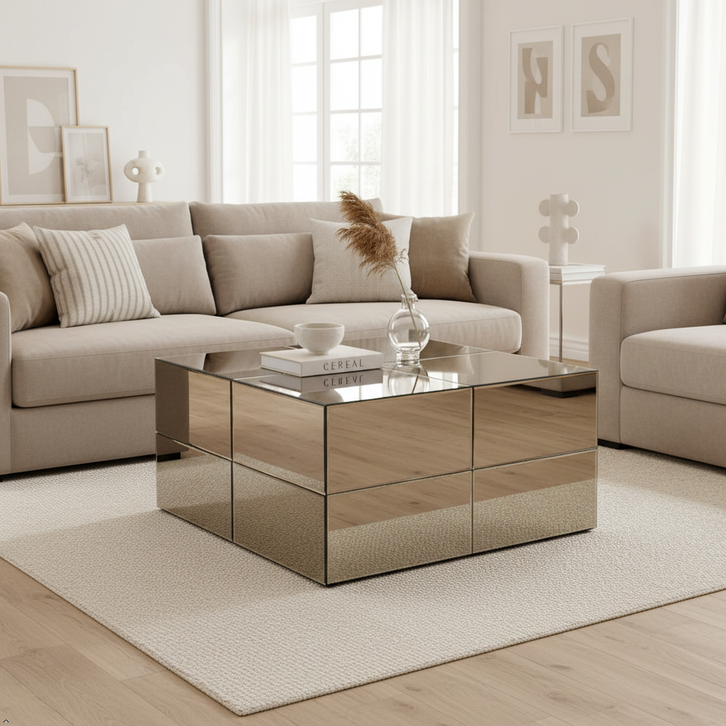 Modern living room with a beige sectional sofa and a mirrored coffee table.