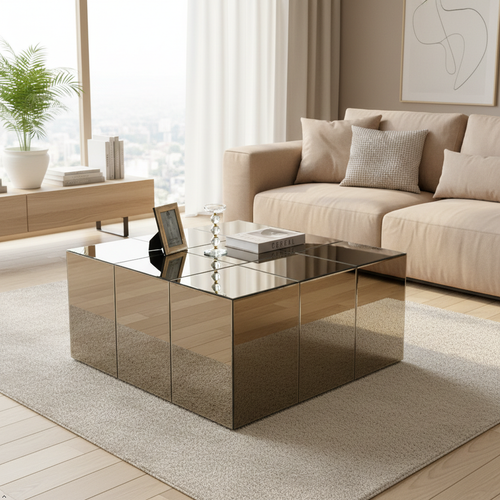 Modern living room with a reflective coffee table, beige sofa, and decorative elements.