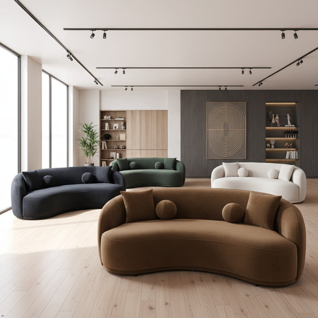 Curved sofas in green black white and brown