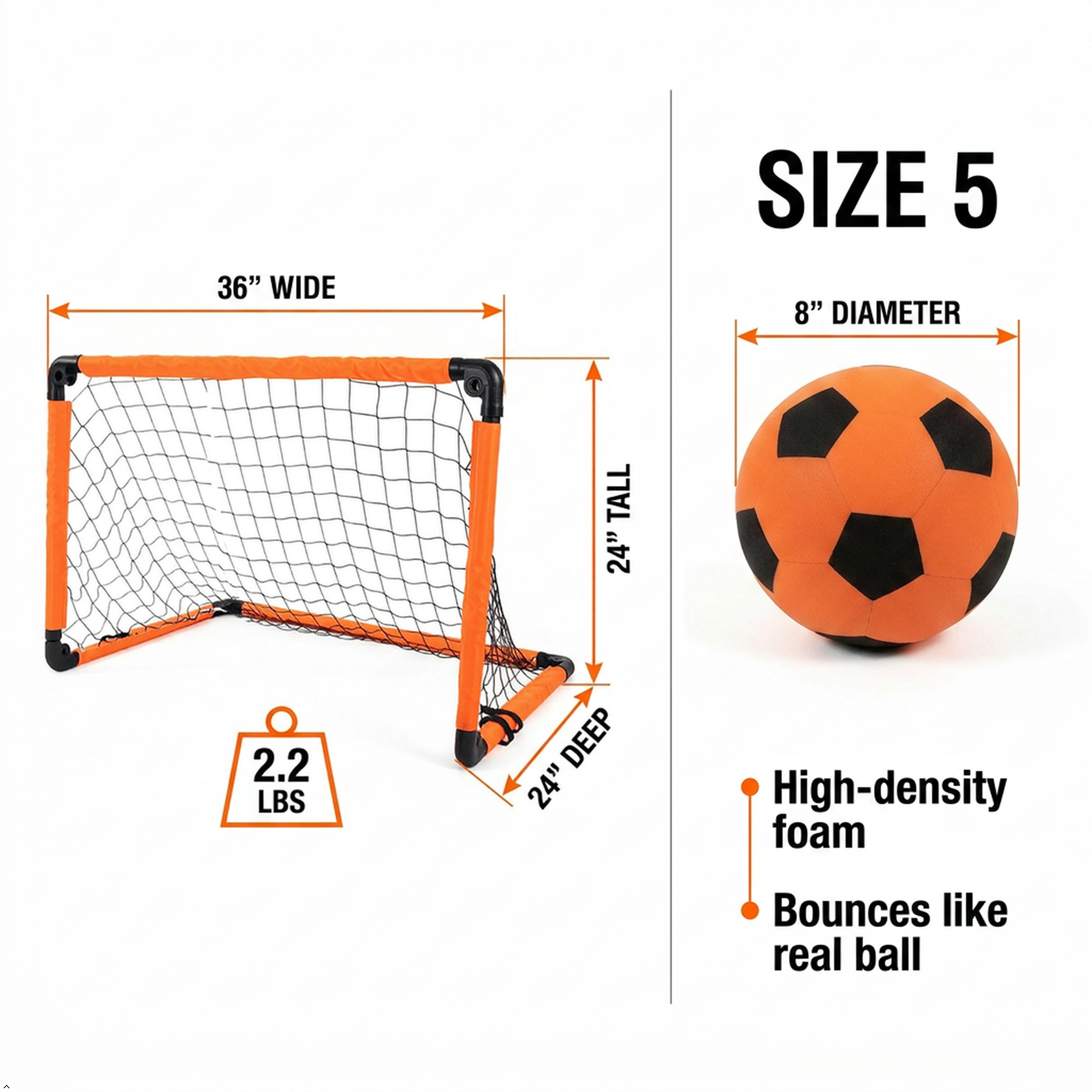 Soccer goal and ball with measurements on a white background