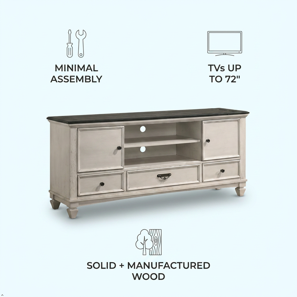 TV stand with features highlighted on a white background