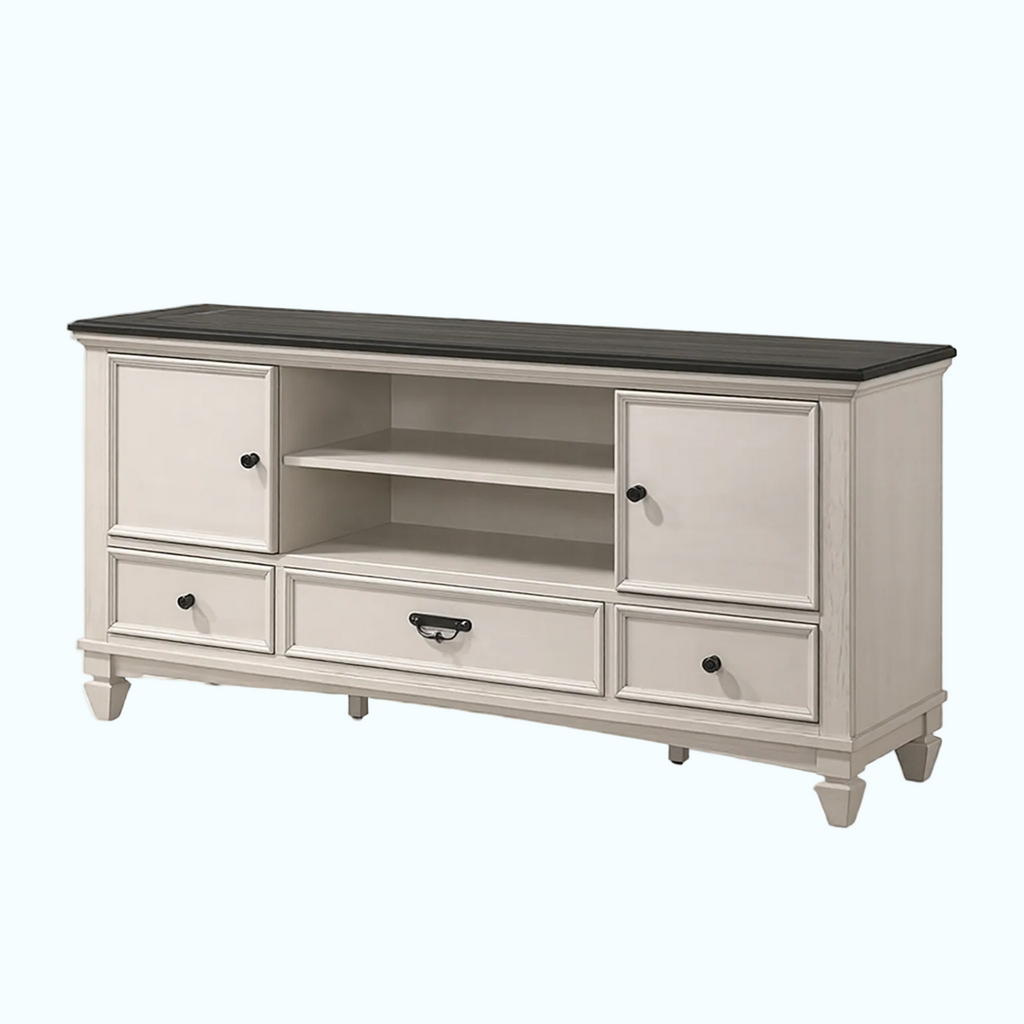 White entertainment console with black top on a white background