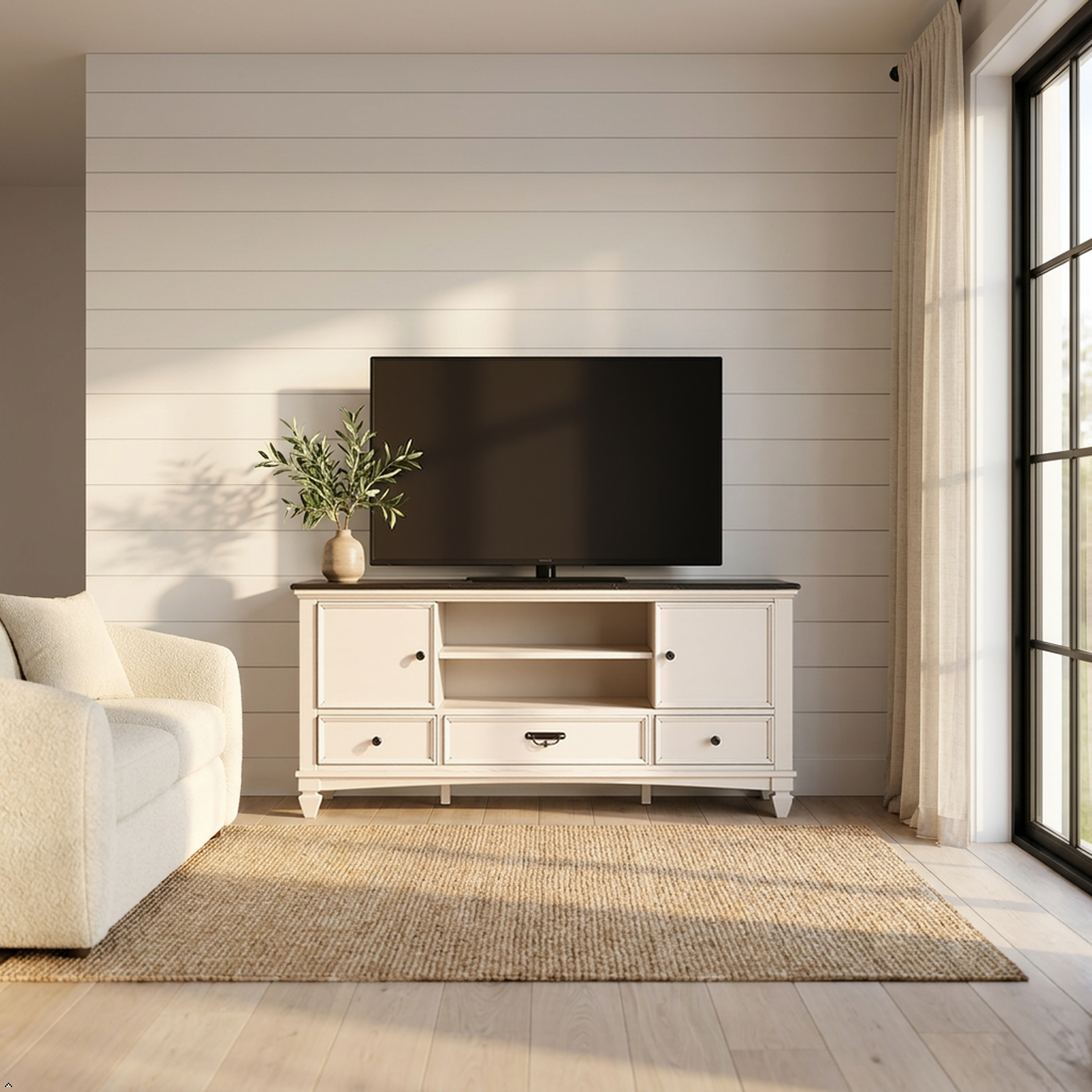 Living room with a white entertainment console, TV, and decorative plant.