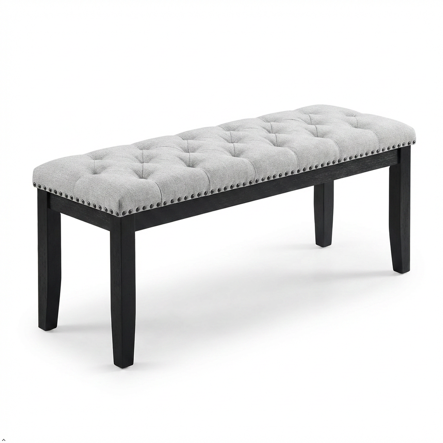 Gray tufted bench with black legs on a white background
