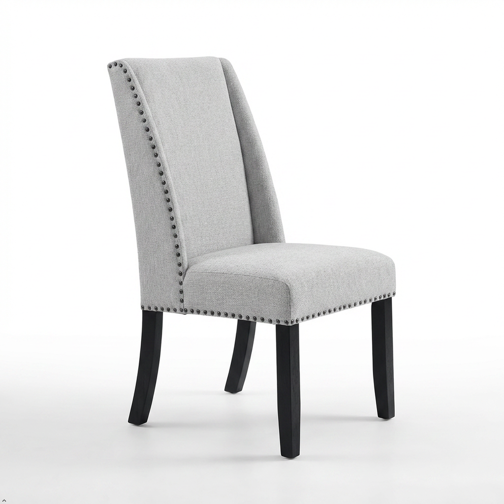 Gray upholstered chair with black legs on a white background