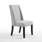 Gray upholstered chair with black legs on a white background