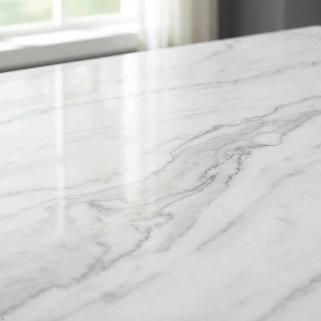 Marble-patterned surface with a window in the background