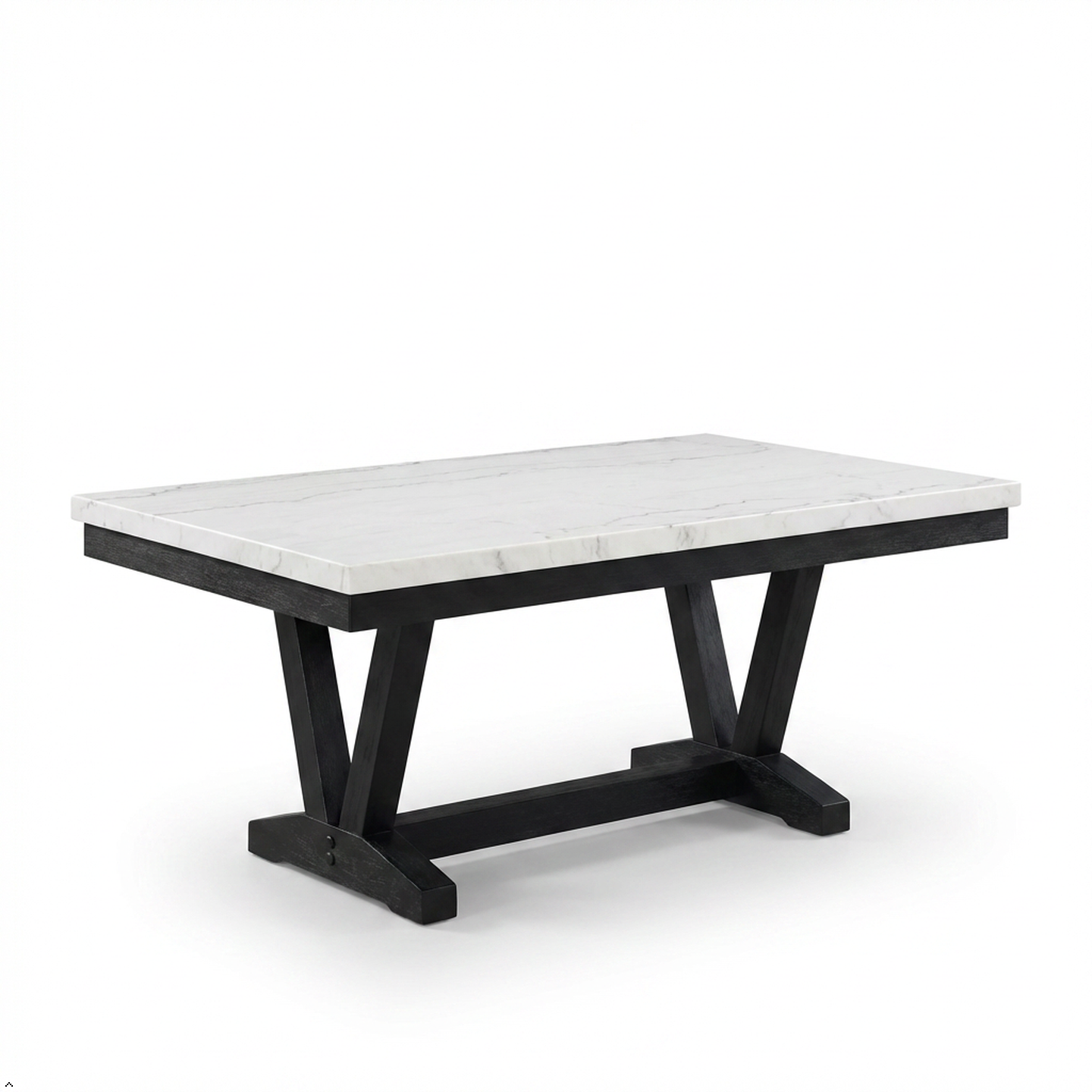 Dining table with marble top and black base on a white background